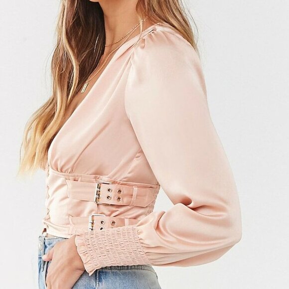 FOREVER 21 Satin Lace-Up Buckle Top L Blush Champagne Tan Nude Puff Sleeves - Picture 2 of 12
